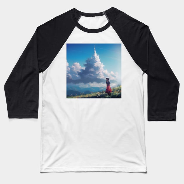 A girl in a red dress standing on a hill and looking at castle shaped clouds Baseball T-Shirt by Tazlo